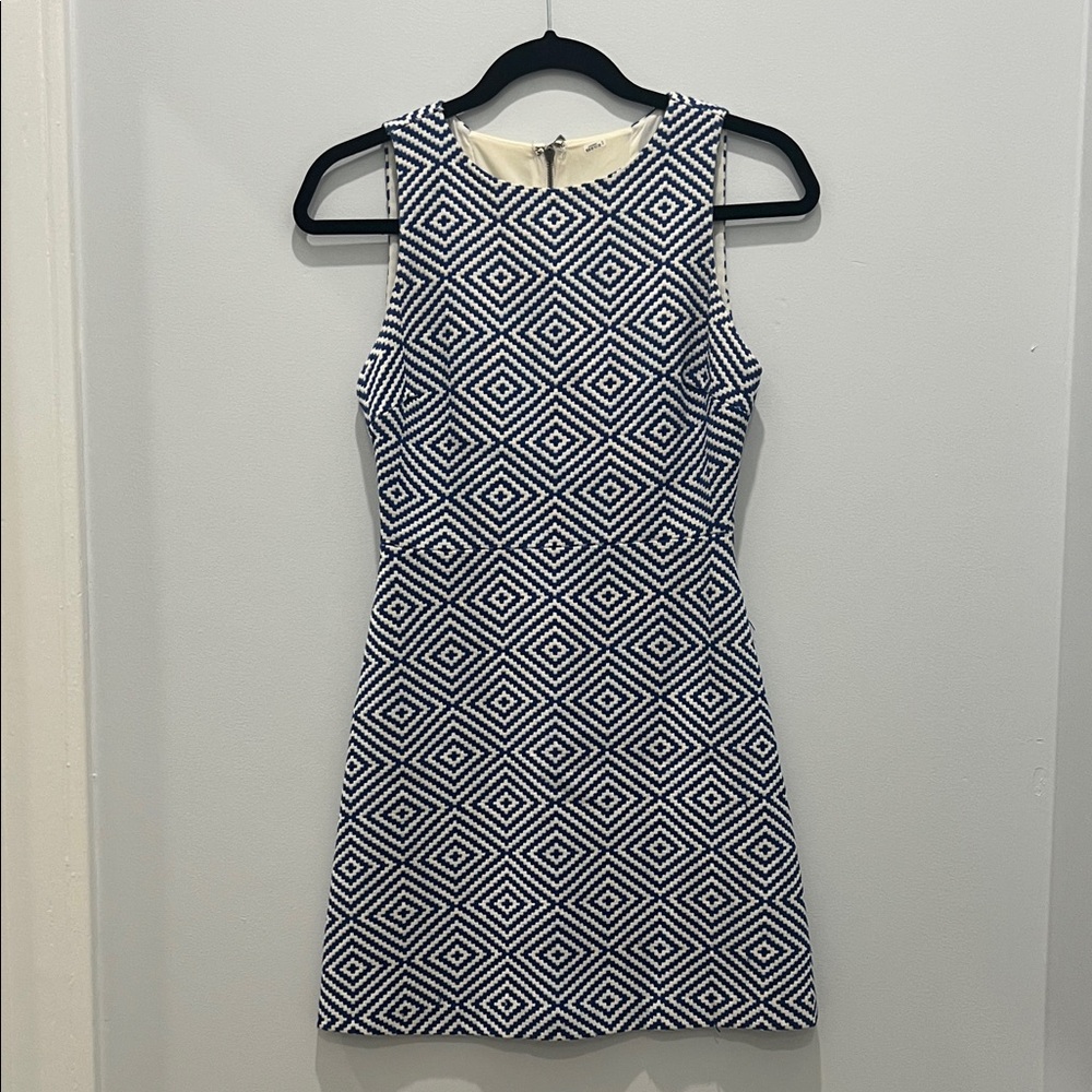 Alice and Olivia Geometric Patterned White and Blue Mini Dress